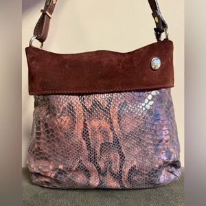 Vintage THE TREND Italian Made Snakeskin Print Suede Flap Handbag